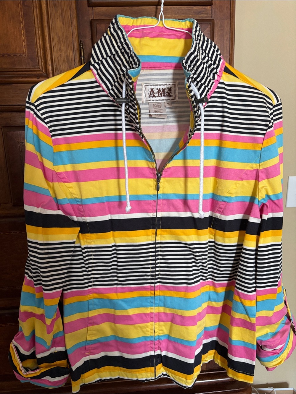 Ami Multicolor Striped Zip Jacket — Yellow, Pink, Turquoise, Black, White